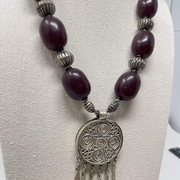 Handcrafted Boho Necklace Silver Tone Mandela Pendant Beaded Gypsy Ethnic‎ - Picture 5 of 14